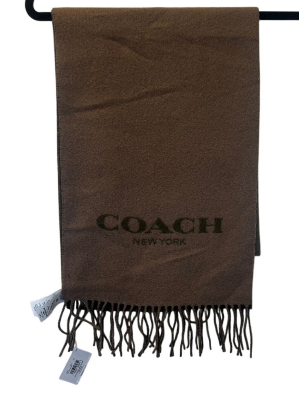 Coach NWT Logo Scarf Elm/Olive Drab 95% Wool 5% Cashmere Reversible Fringe
